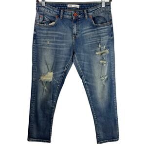 Zara Premium Crafted Distressed Blue Jeans, Mid-Rise, Stretch Denim, Size 8